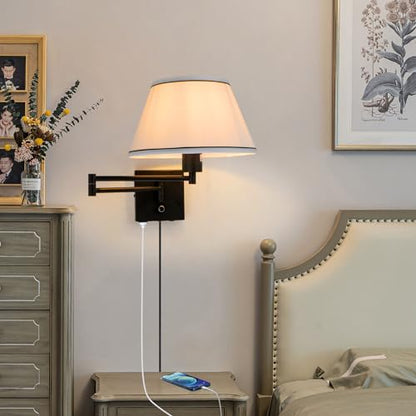 17" Swing Arm Wall Lamp White Fabric Shade - color: Black+White