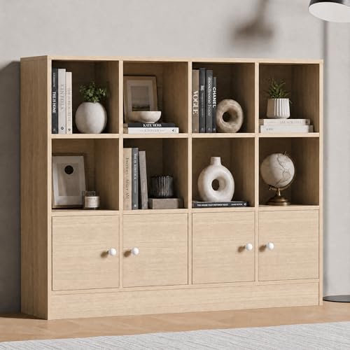 Cozy Castle Oak Wood Bookcase, 12 Cube Display Shelf with 4 Doors, 3 Tier Open Bookshelf with Adjustable Shelves for Living Room, Home Office, Entryway - color: Oak