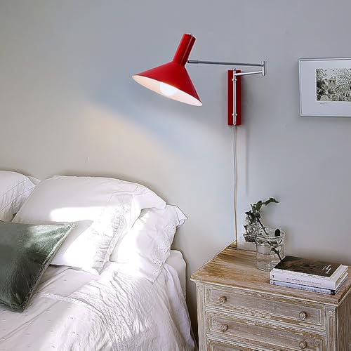 Red Industrial Plug in Wall Sconce - Swing Arm Wall Lamp with On/Off Switch, Adjustable Angle, E27 Socket, Metal Wall Light for Bedside Reading, Desk, Office, Hallway Lighting