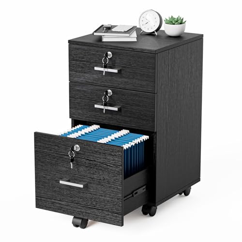 VINGLI 3-Drawer File Cabinet with Lock, Wood Rolling Filing Cabinets for Home Office, Mobile Printer Stand, Under Desk File Organizer for Letter Sized Files, 26" H(Caster Included), Black - color: Classic Black, size: Standard 3 Drawer