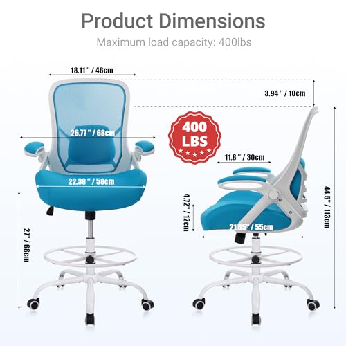 HYLONE 400lbs Heavy Duty Drafting Chair 5" Thickened Seat Office Chair with Flip-Up Armrests Tall Ergonomic Computer Chair with Lumbar Support and Adjustable Footrest Ring Standing Desk Chair (Blue) - color: Blue