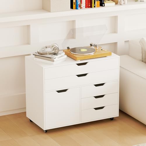 MAT EXPERT 5-Drawer Mobile File Cabinet w/Door, Lateral Filing Cabinet w/5 Universal Wheels, Rolling File Cabinets with Storage, Modern Wood Printer Stand for Home Office, Living Room, Study (White) - color: White