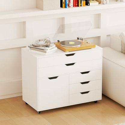 MAT EXPERT 5-Drawer Mobile File Cabinet w/Door, Lateral Filing Cabinet w/5 Universal Wheels, Rolling File Cabinets with Storage, Modern Wood Printer Stand for Home Office, Living Room, Study (White) - color: White