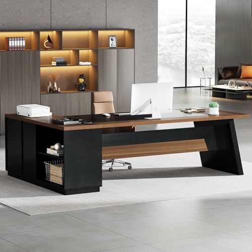 Tribesigns L-Shaped Executive Desk, 78-Inch Modern Office Desk with Drawers and Lateral File Cabinet, Large Bussiness Furniture with Storage Shelves, Workstation for Home Office (Brwon + Black) - color: Brwon + Black