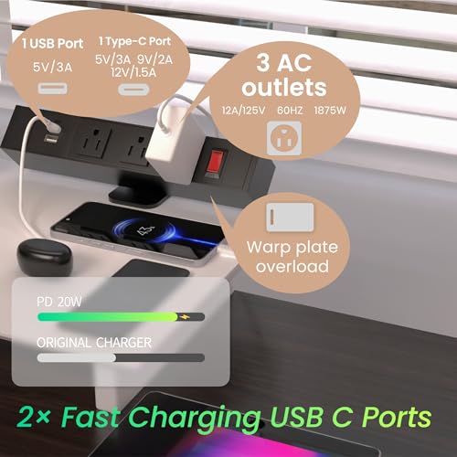 FOH Aluminum Desk Clamp Power Strip, Surge Protector, 1875W, Square | 3 in 1 Desk Stand with 3CA, Multi-Contact USB Power, Power Socket with Switch, 3 Port Clamp, USB-A & USB-C, 6FT Cable - size: Square