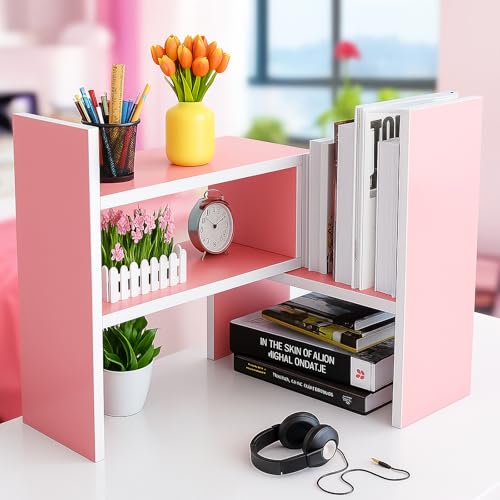 Desktop Shelf Organizer, Adjustable Wood Office Storage Rack, Counter Display Small Bookshelf for Home/Office/School(Pink) - color: Pink