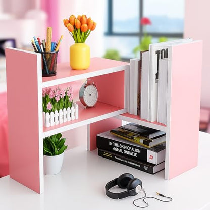 Desktop Shelf Organizer, Adjustable Wood Office Storage Rack, Counter Display Small Bookshelf for Home/Office/School(Pink) - color: Pink
