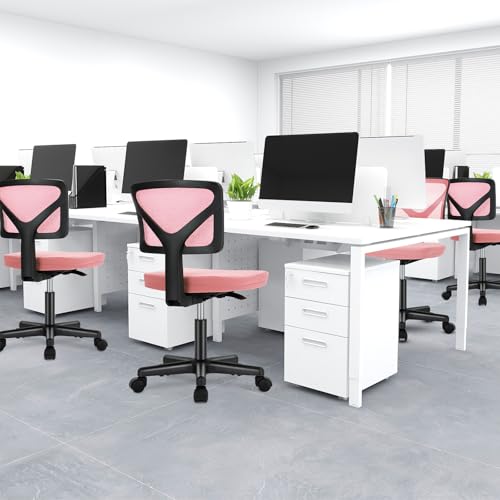 DUMOS Armless Desk Chairs, Small Home Office Mesh Chairs | Ergonomic Adjustable Mid Back, Swivel Rolling Task, Computer Work Vanity Small Spaces, Pink - color: Hot Pink, size: 1pc