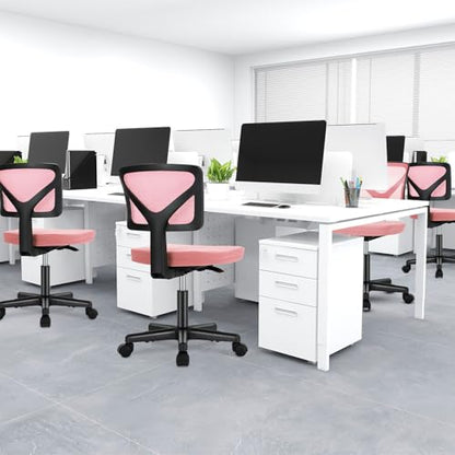 DUMOS Armless Desk Chairs, Small Home Office Mesh Chairs | Ergonomic Adjustable Mid Back, Swivel Rolling Task, Computer Work Vanity Small Spaces, Pink - color: Hot Pink, size: 1pc