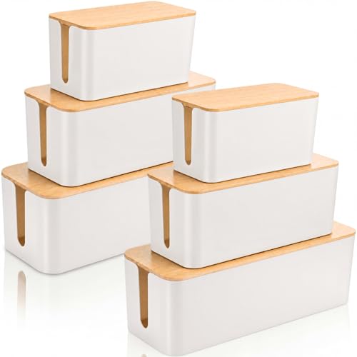 Novabright 6 Pack Cable Management Box 3 Sizes Cord Organizer Boxes with Bamboo Lids for Power Strip to Hide Wires, Flame Retardant ABS for Home & Office Desk Cable Concealer(White) - color: White