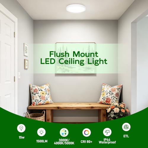 hykolity 7Inch Selectable CCT LED Flush Mount Ceiling Light,1500LM,2 Pack | 15W 3000K/4000K/5000K, Edge-Lit Flush Mount Ceiling Light Fixture for Kitchen, Bedroom, Laundry and Closet Room,White - color: White, size: 7 inch