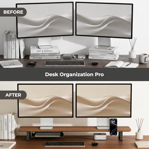 muso wood Dual Monitor Stand with Storage Shelf, 45 Inch Wooden Monitor Riser for 2 Monitors, Walnut Desk Shelf for Computer, Laptop, Screen, TV, Printer