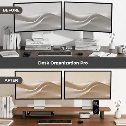 muso wood Dual Monitor Stand with Storage Shelf, 45 Inch Wooden Monitor Riser for 2 Monitors, Walnut Desk Shelf for Computer, Laptop, Screen, TV, Printer