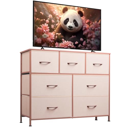 WLIVE 7 Drawer Dresser TV Stand, Entertainment Center, Media Console Table with Metal Frame and Wood Top for TV up to 45 inch, Chest of Drawers for Bedroom, Living Room, Pink - color: Pink