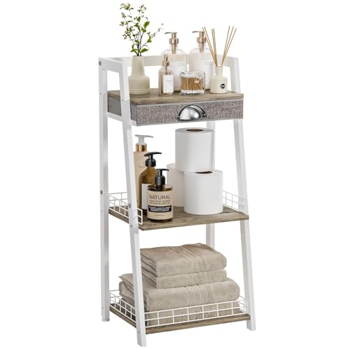 keomaisyto 3-Tier Small Bathroom Shelves with Drawer, Floor Storage Shelf, Small Bathroom Stand Rack, Freestanding Ladder Shelf for Living Room Bedroom, White - color: White, size: 3-Tier Regular with Drawer