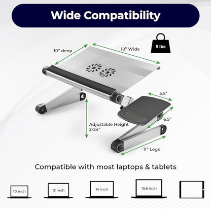 WorkEZ Cooling Adjustable Laptop Stand for Desk w/Fan USB Ports Mouse Pad Ergonomic Foldable Laptop Stand Riser Portable Computer Holder, Silver | WorkEZ Cool. Adjustable computer stand for laptop and foldable laptop table for bed or sofa, holds up to 15.