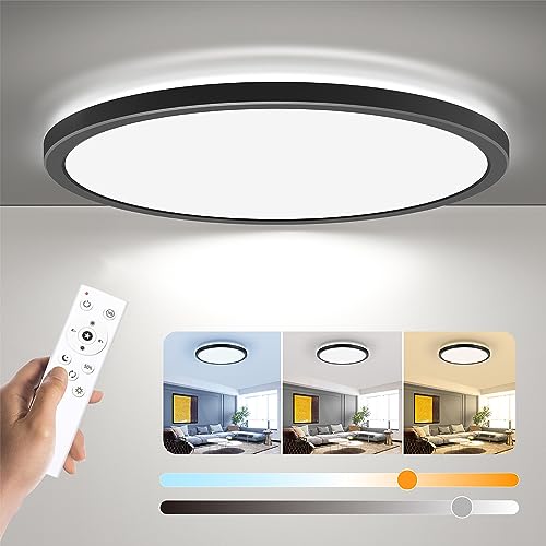 BLNAN Dimmable LED Flush Mount Ceiling Light Fixture with Remote Control, 12Inch 3000K-6500K Light Color Adjustable, Modern Ultra-Thin Ceiling Lamp for Bedroom Kitchen, Wired - color: Black, size: 12 inches