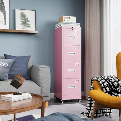METAN 4-Drawer Pink Metal File Cabinet with Lock and Wheels | 17.7"D x 15"W x 54"H vertical cabinet with 4 full-extension drawers for letter/legal folders; assembly required - color: Pink, size: 4 Drawers-54"H