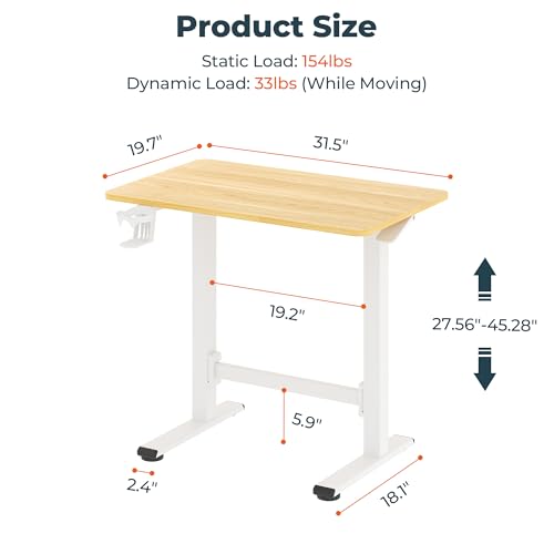 32''Pneumatic Standing Desk,Onepiece Adjustable Height Home Office | Maple 31.5''x19.7'' Small Home Desk Rolling Computer Workstation with Hooks & Cup Holder,Hidden Casters - color: Maple, size: 3220