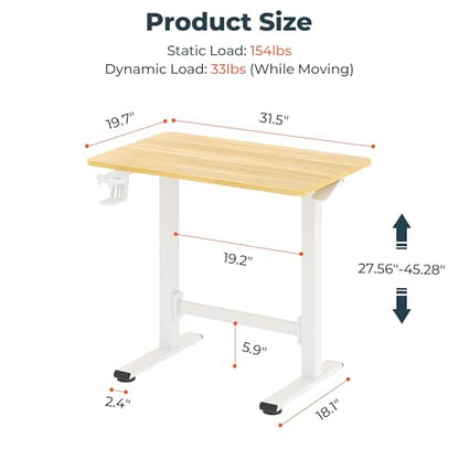 32''Pneumatic Standing Desk,Onepiece Adjustable Height Home Office | Maple 31.5''x19.7'' Small Home Desk Rolling Computer Workstation with Hooks & Cup Holder,Hidden Casters - color: Maple, size: 3220