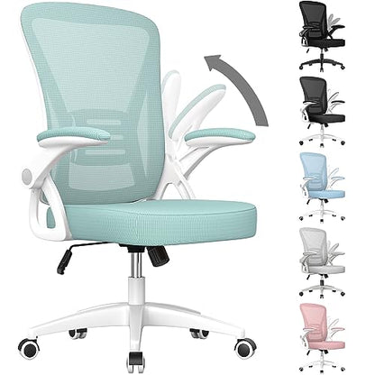 naspaluro Home Office Desk Chair Mid Back with Adjustable Height Green | Comfy Ergonomic Chair with Flip-Up Arm and Lumbar Support, Breathable Mesh Swivel Computer Chair for Study Working Teacher - color: Green
