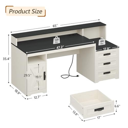65" Farmhouse Computer Desk with Drawers and Printer Stand for Home Office - color: Black and White