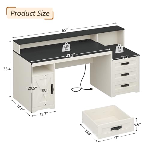 65" Farmhouse Computer Desk with Drawers and Printer Stand for Home Office - color: Black and White