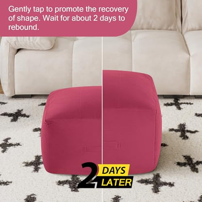 MeMoreCool Square Stuffed Pouf Ottoman Foot Rest, Floor Pouf Foot Stool with Foam Chunk Filling, Soft Stuffed Ottoman Footrest for Living Room - color: Grid Magenta