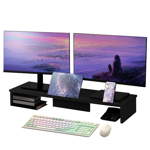 Dual Monitor Stand Riser with Phone Tablet Holder, 35.8in Large Monitor Stand for Desk, Computer Monitor Stand for 2 Monitors, Desk Shelf for Top of Desk, Desktop Organizer for Laptop, Printer, TV - color: 35.8" Black with Phone Tablet Holder