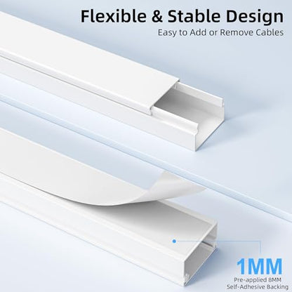 Delamu Cord Hider for Wall Mounted TV, 113.6in Paintable Cable Cover System, Self-Adhesive Cable Management Raceway Kit Hides 3-4 Wires, Baseboard Wire Hider Easy Installation, W 1.18 H 0.60in, White - size: 113.6 in L X 1.18 in W X 0.60 in H