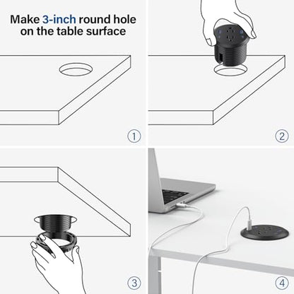 Desktop Power Grommet,GaN 65W USB C Fast Charging Station,2 AC Outlets,4 USB Ports in to the Top of Your Desk,Flush Mount Power Grommet 3-inch Hole,Countertop Recessed Outlet - color: Black, size: 1 Pack