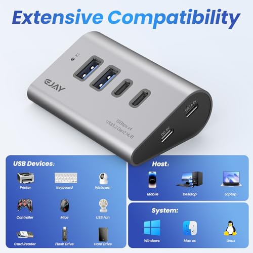 EJAY 10Gbps USB 3.2 Hub, 4-Port USB C/A Splitter for SSD,Laptop,PC,Mac | Aluminum,23° Ergonomic,Extra Power Supply Port,Stable Data Transmission,Dual Cable - color: Gray