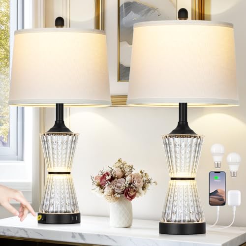 Modern Table Lamps for Living Room, 26" Tall Black Table Lamp with 2 Textured LED Night Light, 2 USB Charging Port & AC Outlet, Bedside Lamps for Bedroom Nightstands End Table Office, 2 Bulbs Included - color: Black-1