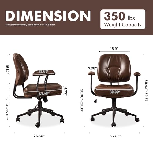 Leather Home Office Chair, Mid Back Ergonomic Desk Chair with Lumbar Support, Mid Century Modern Deep Seat Swivel Rocking Computer Chair, Dark Brown - color: Dark Brown,pu Leather, size: Big Mid Back