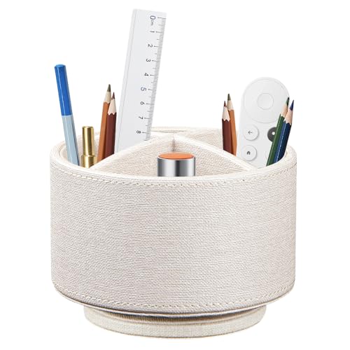 360°Rotatable TV Remote Control Holder with 4 Compartments Desk Accessories | Bedside Table Remote Caddy, Desktop Storage Box, Art Supply Organizer for Controllers, Pen, Makeup Brush, Office Home Décor - color: Beige