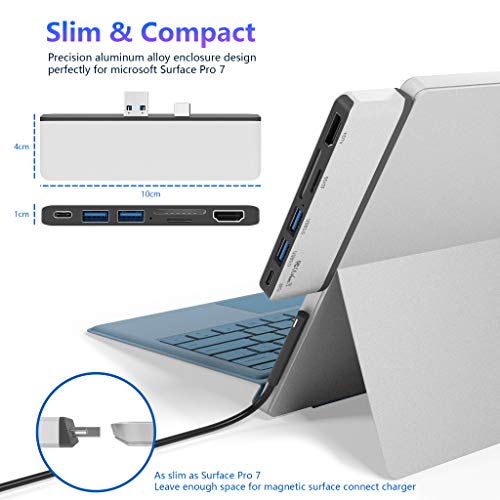 Surface Pro 7 USB C Hub, 6-in-2 Aluminum Surface Pro 2019 Dock with 4K HDMI Adapter+ USB C Audio & Data Transfer Port +2 USB 3.0+SD/TF Card Reader, Converter Combo Adaptor for Surface Pro 7 - color: Silver