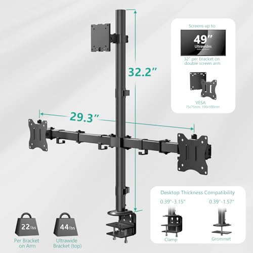 WALI Triple Monitor Mount for up to 49 inch Ultrawides on Top Bracket and 32 inch Screens on Side Brackets, Extra Tall 3 Monitors Desk Mount, Heavy Duty Monitor Arm up to 44 lbs (M003-P), Black - size: 13"-49", style: Triple