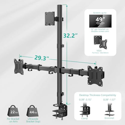 WALI Triple Monitor Mount for up to 49 inch Ultrawides on Top Bracket and 32 inch Screens on Side Brackets, Extra Tall 3 Monitors Desk Mount, Heavy Duty Monitor Arm up to 44 lbs (M003-P), Black - size: 13"-49", style: Triple