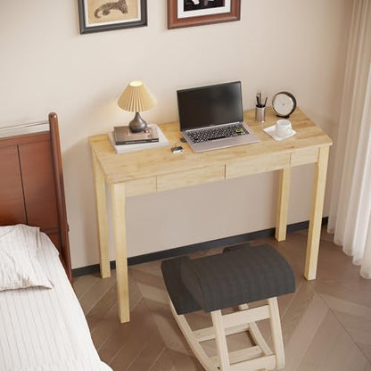 Solid Wood Desk with Drawers - 39 x 16 Inch Simple Narrow Desks, Rubber Wood Study Table, Small Writing Desk for Small Spaces|Bedroom - Natural Boho Desks - color: Natural, size: 39.4 in W x 15.7 in D
