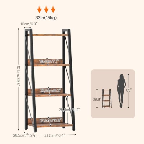 HOOBRO Ladder Shelf, 4-Tier Bookshelf, Corner Bookcase, Freestanding Storage Shelf Display Organizer, for Living Room, Bedroom, Home Office, Kitchen, Rustic Brown and Black BF304CJ01 - size: 16.4"L x 11.8"W x 39.4"H