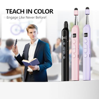 N21 Bluetooth Presentation Clicker for PowerPoint with Retractable Pointer | ①Laser Pointer②Telescopic touch pen③Countdown timer, vibration alert ④Customizable Button ⑤Rechargeable;battery level display - color: Black - Green Pointer