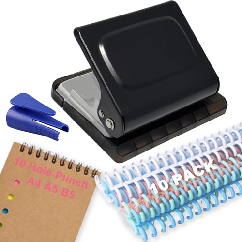 10 Hole Punch Binding Machine for Planner, Manual Binding System with 10 Multi-Color Binder Rings for Making 26 Holes on B5, 30 Holes on A4, 20 Holes on A5 Book, 10 Sheet Capacity - Black - color: Black
