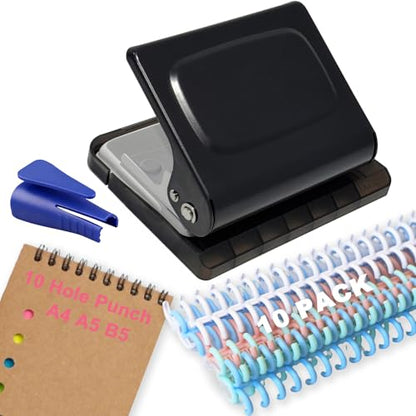 10 Hole Punch Binding Machine for Planner, Manual Binding System with 10 Multi-Color Binder Rings for Making 26 Holes on B5, 30 Holes on A4, 20 Holes on A5 Book, 10 Sheet Capacity - Black - color: Black
