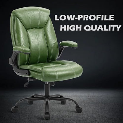 Executive Office Chair,Big and Tall Ergonomic Desk Chair with Adjustable Lumbar Support,Breathable PU Leather Computer Chair wih Flip-up Arms and Wheels,Green - color: Green