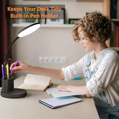 LED Desk Lamp for College Dorm with Pen Phone Holder, Black - color: Black