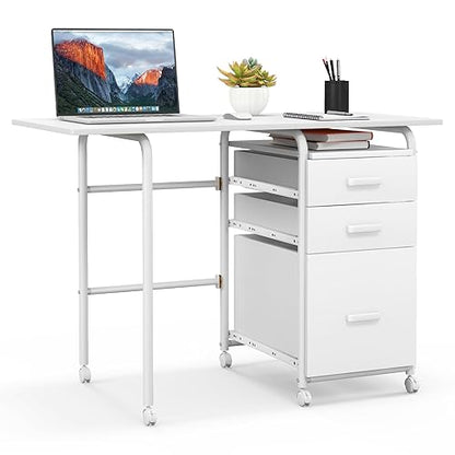 Giantex White Folding Desk for Small Space, Rolling Home Office Desk with 3 Drawers & Lockable Universal Wheels, Mobile Study Writing Desk for Dorm Apartment Bedroom - color: White