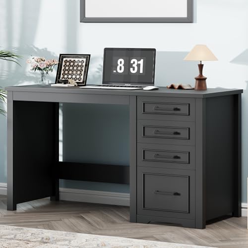 Vabches Farmhouse 49” Executive Desk with File Drawer, Black | 4 Drawers Reversible Computer Desk with Storage, Rustic Home Writing Workstation for Home Office - color: 49in Black