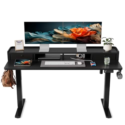 YIHAYO Electric Standing Desk with Drawers, 60 x 24 Inches Adjustable Desk with Storage Shelf, Computer Table with Splice Board for Home Office, Black Frame/Black Top - color: Black Frame/Black Top, size: 60*24 Inch