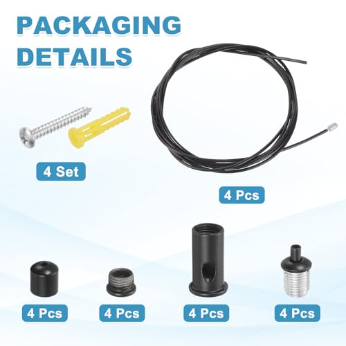 uxcell 4Set Ceiling Hanging Wire Cable Kit, 4.9ft Top Adjust Adjustable Hanging Wire Rope Suspension with Mount Screw Kit for Pendant Chandelier Ceiling LED Panel Light, Black - color: Black, size: 4.9ft