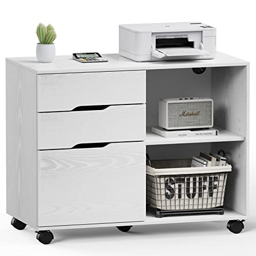 File Cabinet with 3 Drawers, Mobile Lateral Filing Cabinet with Open Storage Shelves for Home Office Under Desk Storage, White - color: White